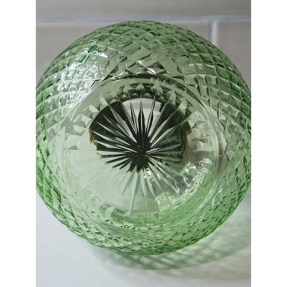 Vintage Small Green Decanter Cologne Bottle with Stopper Metal Collar Cut Glass